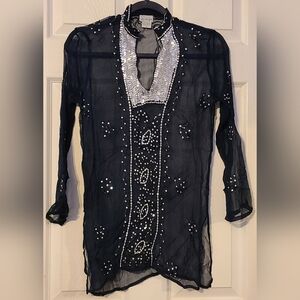 Le Saige Silk Black Sheer Tunic with Silver Embellishments M